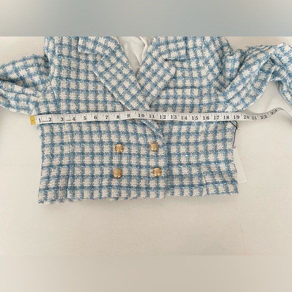 SET JASON WU Boucle Tweed cropped blazer and skort  Blue White Gold Button 8 M - Picture 6 of 16